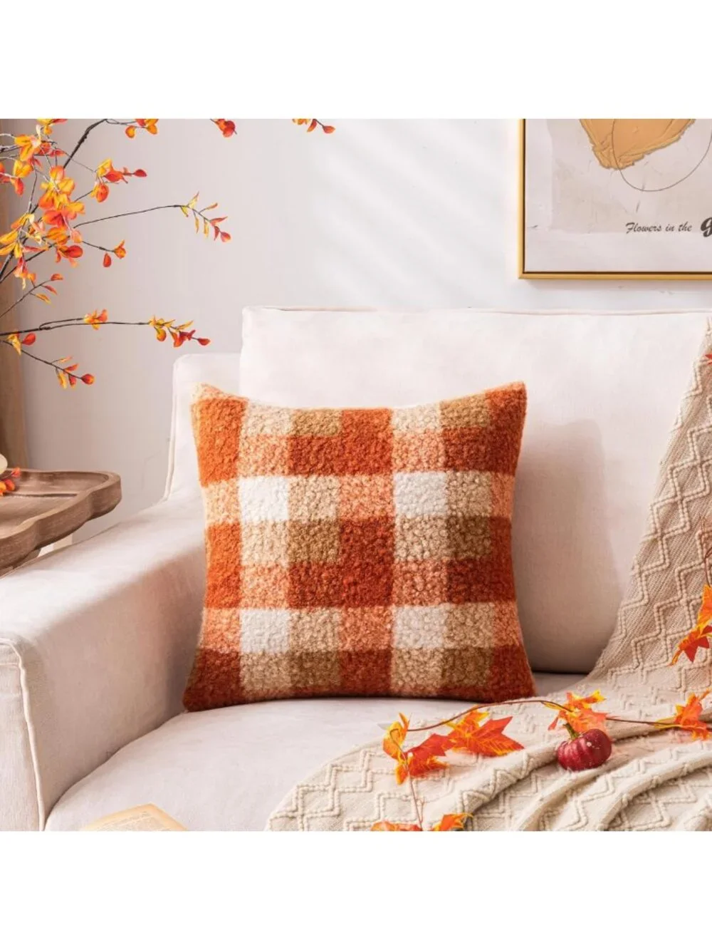 Cozy Orange Plaid Throw Pillow Covers - Set of 2, 26x26 Inch for Fall Decor